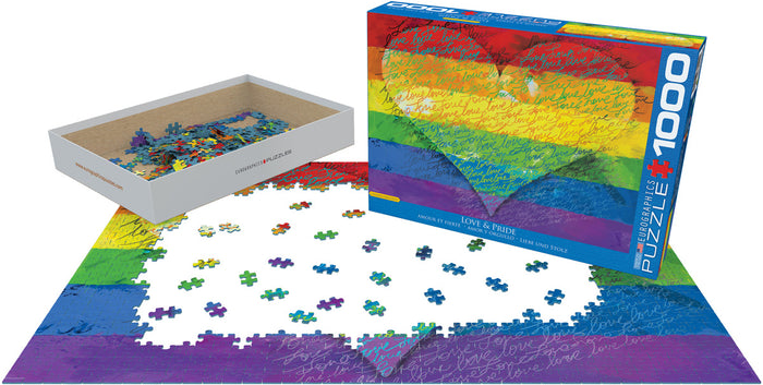 A puzzle box with a multicolored heart and rainbow design, titled 'Love & Pride', indicating it is a 1000 piece puzzle.