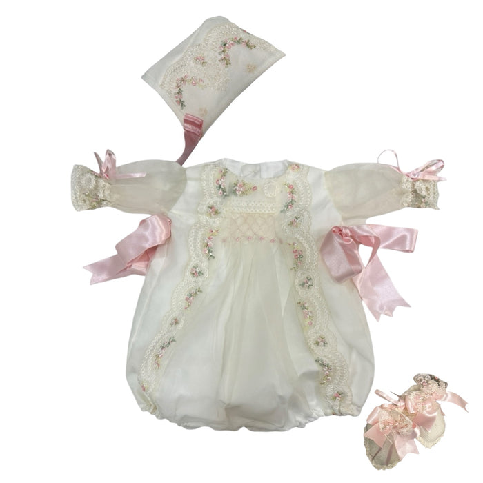MADE TO ORDER Aida Long Sleeve Handsmocked Pink Rose Romper 3-piece set (6-8 weeks after order is placed)