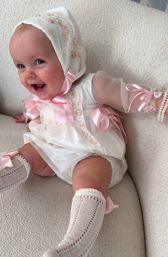 MADE TO ORDER Aida Long Sleeve Handsmocked Pink Rose Romper 3-piece set (6-8 weeks after order is placed)