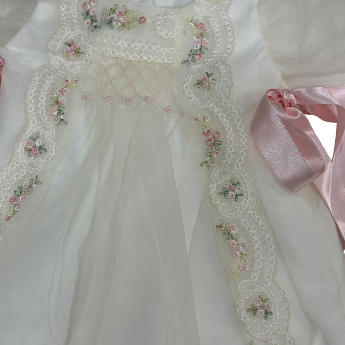 MADE TO ORDER Aida Long Sleeve Handsmocked Pink Rose Romper 3-piece set (6-8 weeks after order is placed)