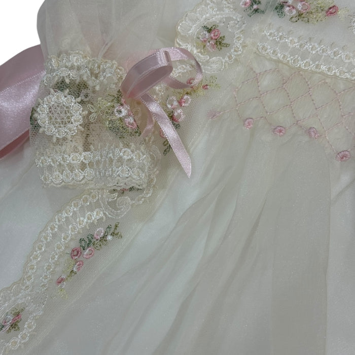 MADE TO ORDER Aida Long Sleeve Handsmocked Pink Rose Romper 3-piece set (6-8 weeks after order is placed)