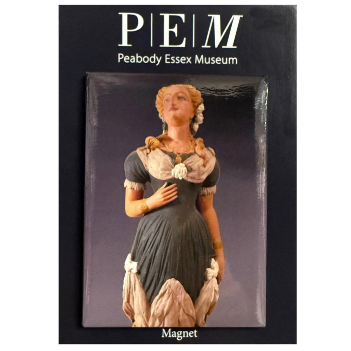 Magnet with a figurehead of a woman in a dress, branded with Peabody Essex Museum.
