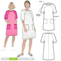 A stylish Mary shift dress pattern with raglan sleeves and patch pockets, ideal for creating a classic knee-length dress in woven fabrics.