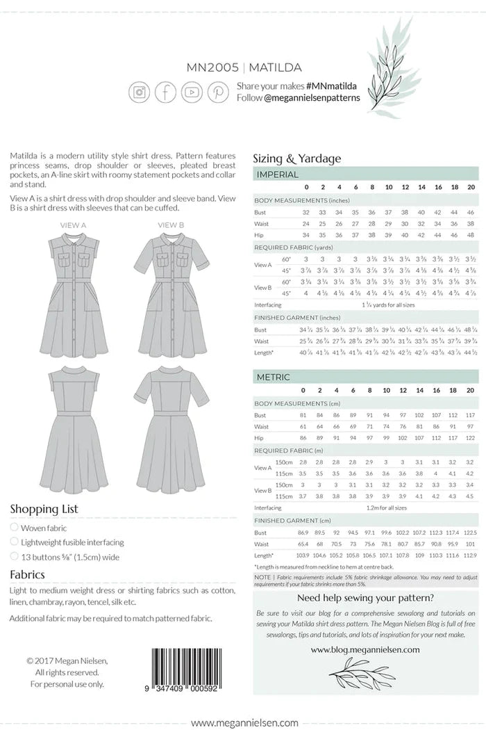 Matilda dress sewing pattern featuring princess seams, drop shoulder, pleated breast pockets, and an A-line skirt, suitable for light to medium fabrics.