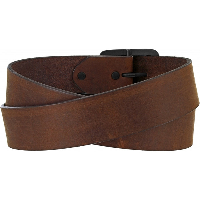 A Men's brown leather belt with an oxidized metal buckle. Rear View