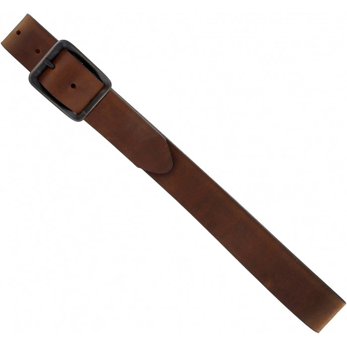 A Men's brown leather belt with an oxidized metal buckle.