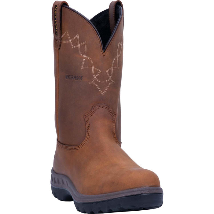 A profile view of a brown, waterproof, leather men's wellington boot with a round toe and a non-slip sole.