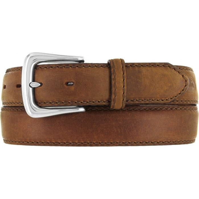 A Men's Justin brand bark brown leather belt with a silver-plated buckle. Front View