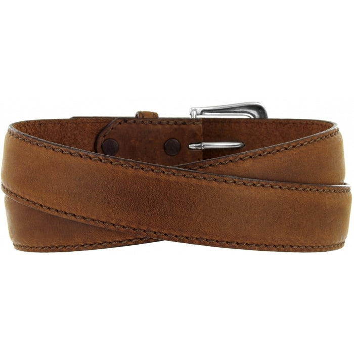A Men's Justin brand bark brown leather belt with a silver-plated buckle. Rear View