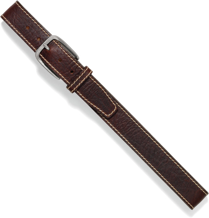 A brown American Bison leather belt with white contrasting stitching and a gunmetal buckle.