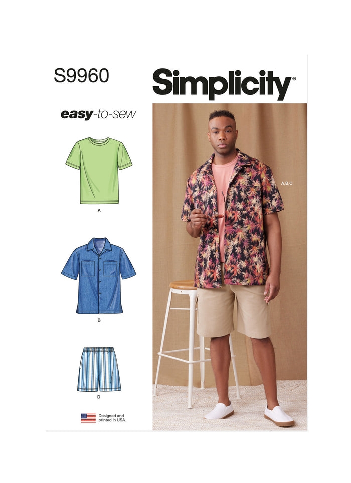 Men’s knit T-shirt, shirt, and shorts made using Simplicity Sewing Pattern