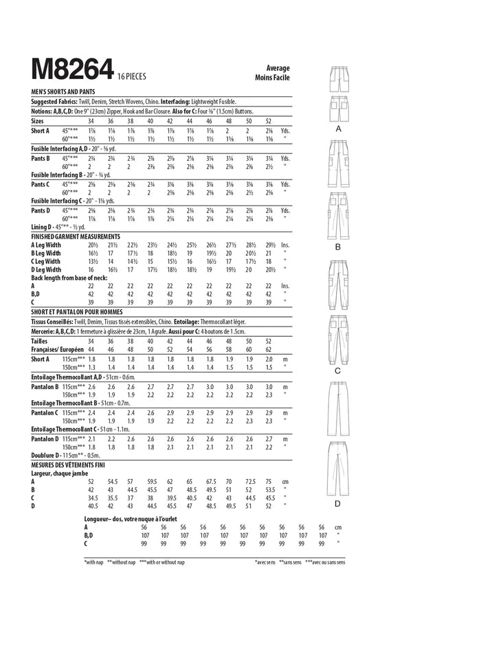 McCall's Sewing Pattern M8264 for men’s shorts and pants, featuring versatile styles like Bermuda shorts, tapered utility pants, and slim-leg slacks with pocket options.