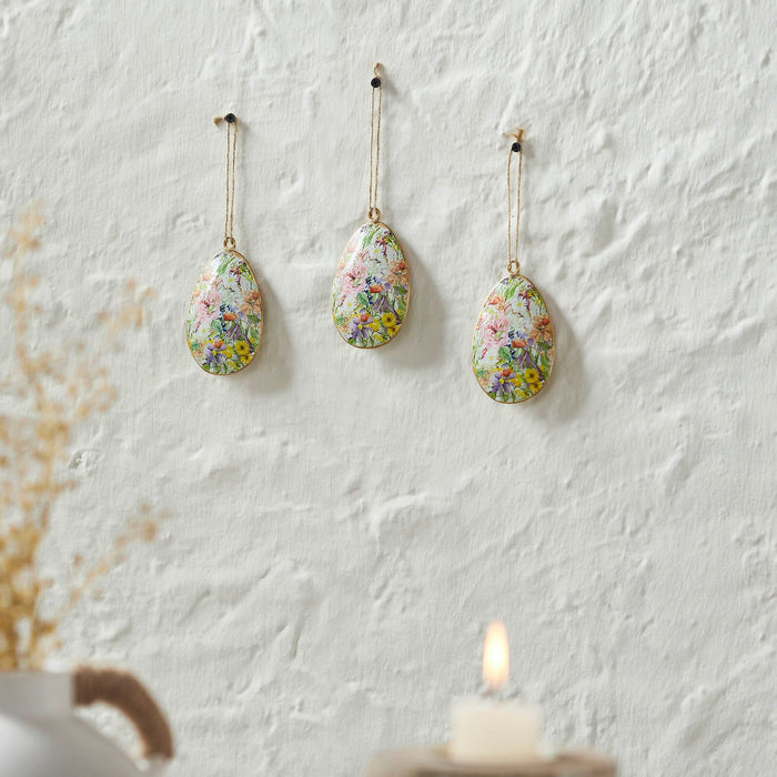 Metal Floral Egg Ornament 4x2.5" - Set of 3 - Primitive Star Quilt Shop