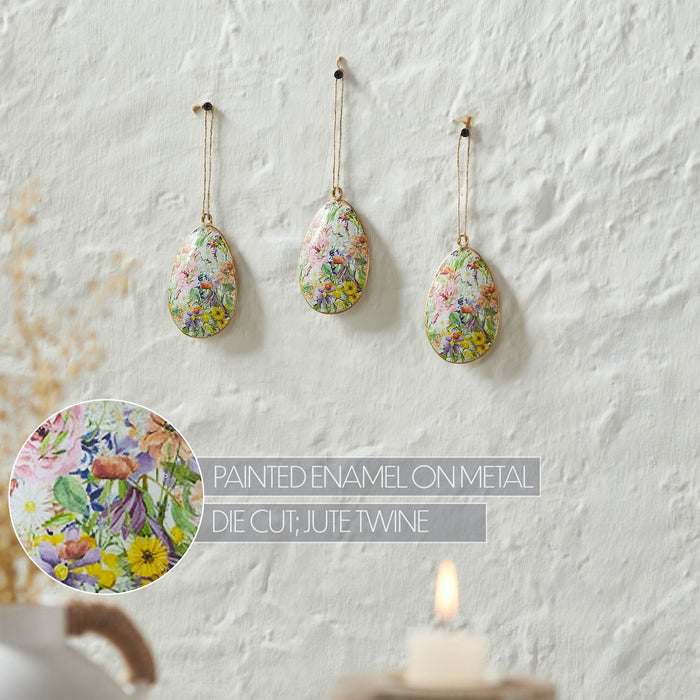 Metal Floral Egg Ornament 4x2.5" - Set of 3 - Primitive Star Quilt Shop