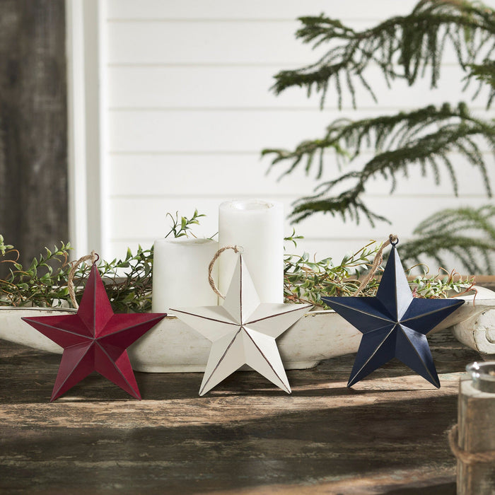 Metal RWB Barn Star Ornament - Set of 3 - Primitive Star Quilt Shop