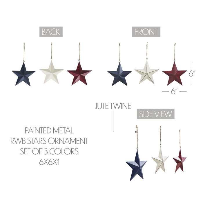 Metal RWB Barn Star Ornament - Set of 3 - Primitive Star Quilt Shop