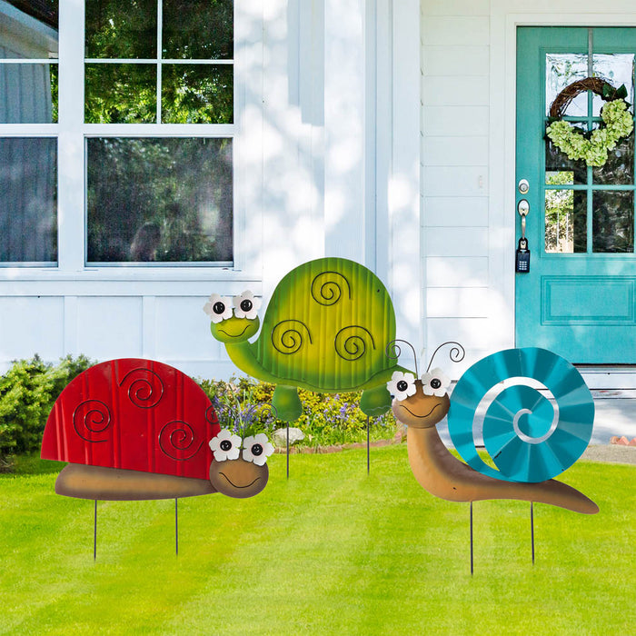 Metal Tortoise/Ladybug/Snail Yard Stakes or Wall Decor, Set of 3