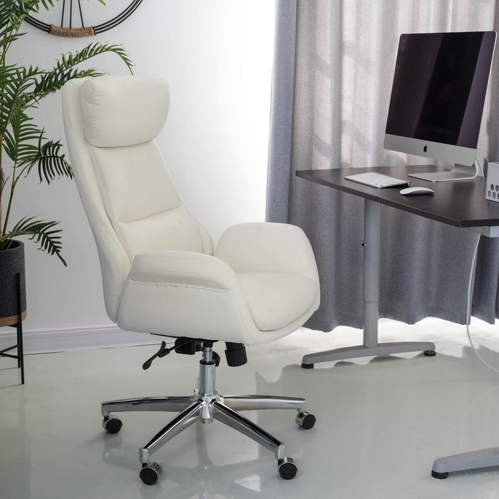 Mid-Century Modern Cream Bonded Leather Gaslift Adjustable Swivel Office Chair