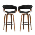 Mid-century Modern Dark Blue Fabric/Walnut Bentwood Swivel Bar Chair, Set of 2