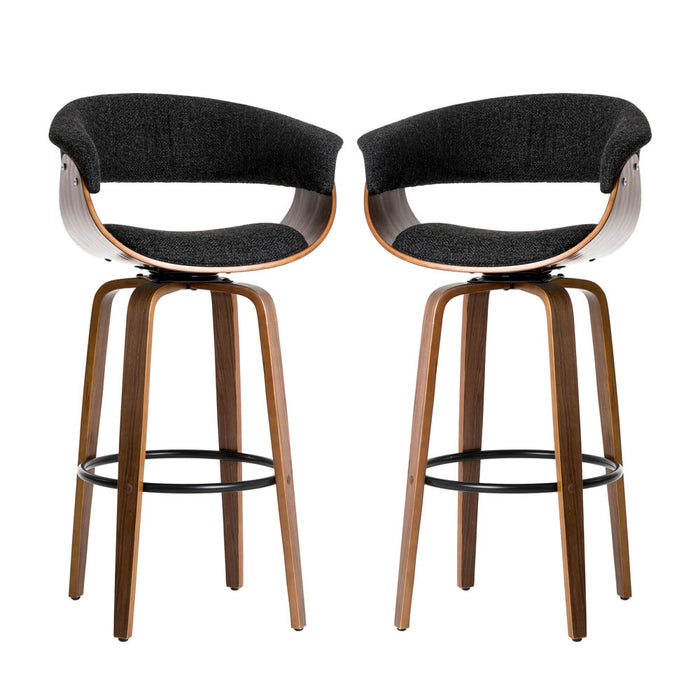 Mid-century Modern Dark Blue Fabric/Walnut Bentwood Swivel Bar Chair, Set of 2