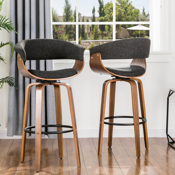 Mid-century Modern Dark Blue Fabric/Walnut Bentwood Swivel Bar Chair, Set of 2