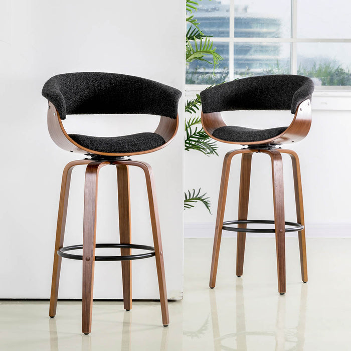 Mid-century Modern Dark Blue Fabric/Walnut Bentwood Swivel Bar Chair, Set of 2