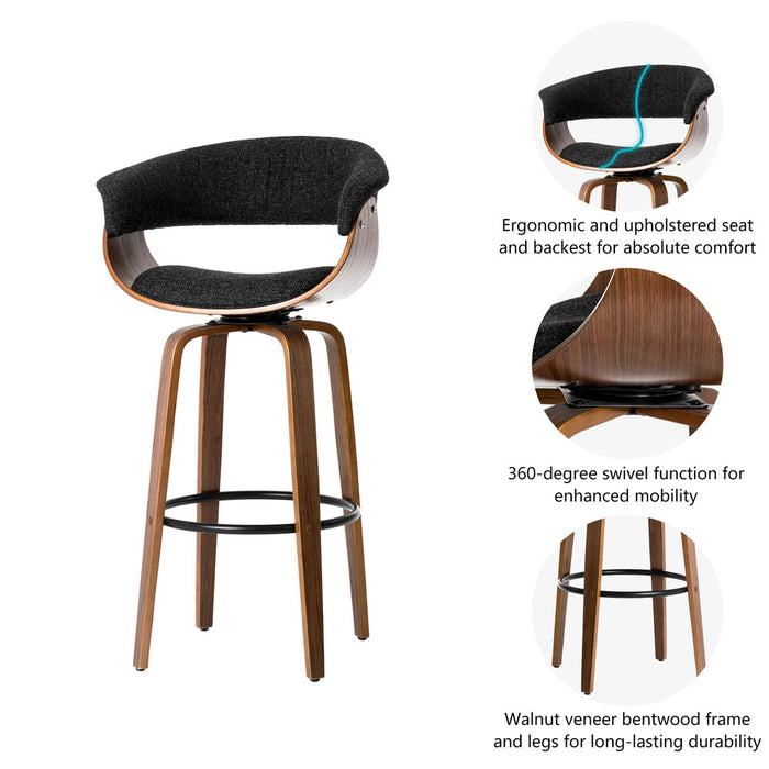Mid-century Modern Dark Blue Fabric/Walnut Bentwood Swivel Bar Chair, Set of 2