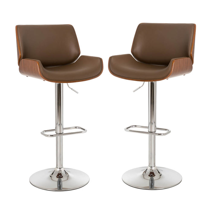 Mid-century Modern Leather Yellowish-brown Adjustable Height Swivel Bar Stool, Set of 2