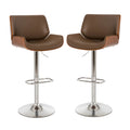 Mid-century Modern Leather Yellowish-brown Adjustable Height Swivel Bar Stool, Set of 2