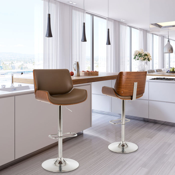 Mid-century Modern Leather Yellowish-brown Adjustable Height Swivel Bar Stool, Set of 2