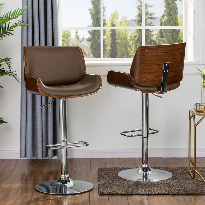 Mid-century Modern Leather Yellowish-brown Adjustable Height Swivel Bar Stool, Set of 2