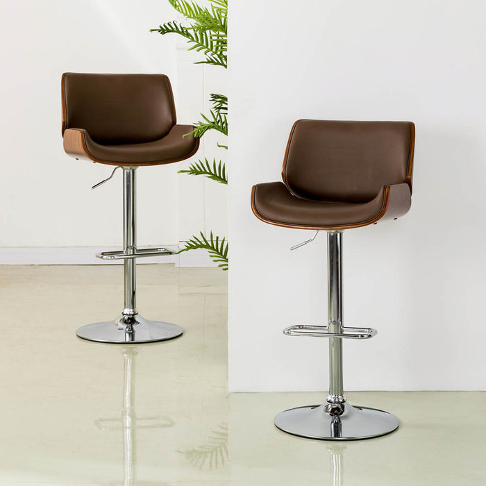 Mid-century Modern Leather Yellowish-brown Adjustable Height Swivel Bar Stool, Set of 2
