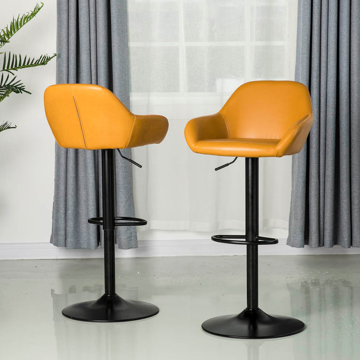 Mid-Century Modern Mustard Yellow Leatherette Gaslift Adjustable Swivel Bar Stool, Set of 2