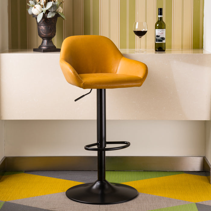 Mid-Century Modern Mustard Yellow Leatherette Gaslift Adjustable Swivel Bar Stool, Set of 2
