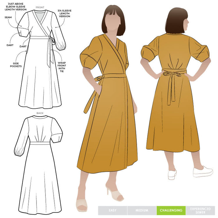 graceful Millicent wrap dress sewing pattern with a long wrap skirt and versatile sleeve options, perfect for creating a sophisticated garment in fine fabrics.