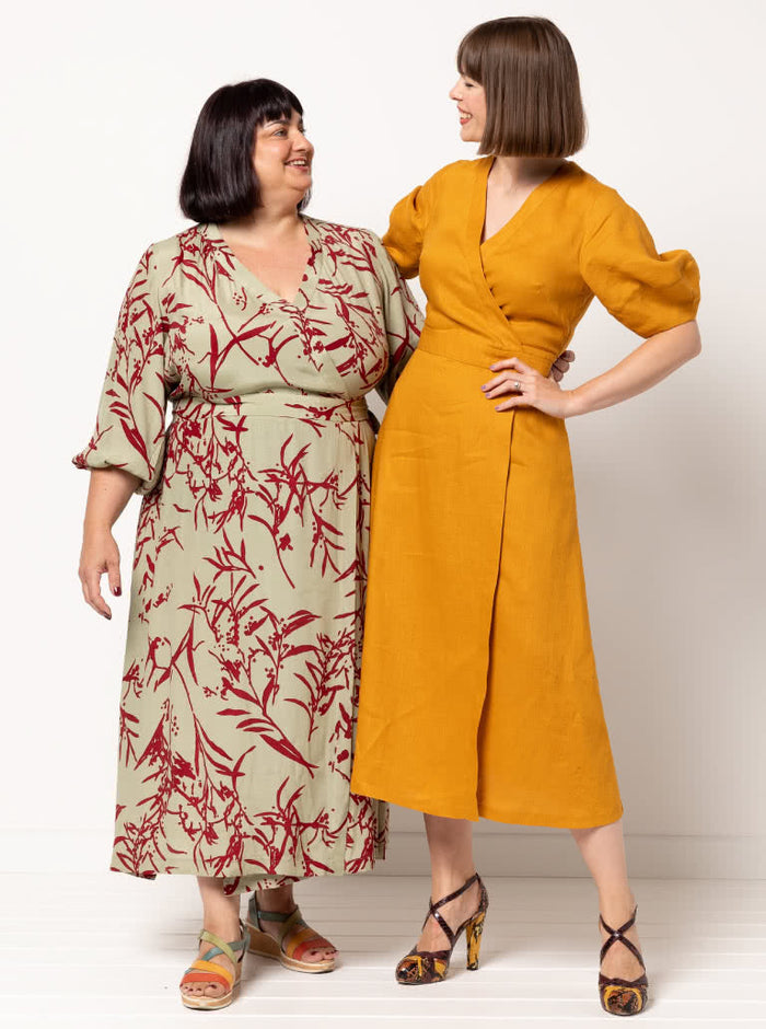 graceful Millicent wrap dress sewing pattern with a long wrap skirt and versatile sleeve options, perfect for creating a sophisticated garment in fine fabrics.