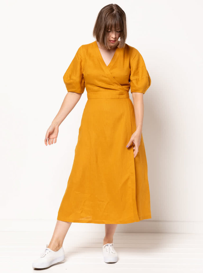 graceful Millicent wrap dress sewing pattern with a long wrap skirt and versatile sleeve options, perfect for creating a sophisticated garment in fine fabrics.