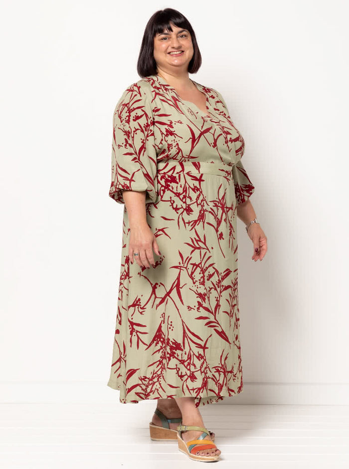 graceful Millicent wrap dress sewing pattern with a long wrap skirt and versatile sleeve options, perfect for creating a sophisticated garment in fine fabrics.