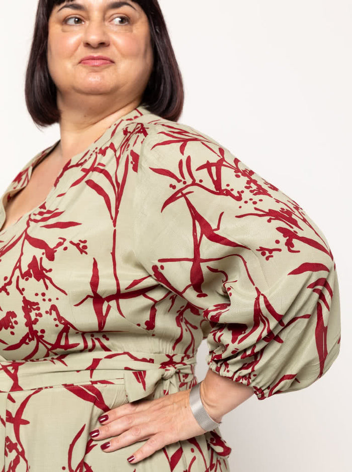 graceful Millicent wrap dress sewing pattern with a long wrap skirt and versatile sleeve options, perfect for creating a sophisticated garment in fine fabrics.