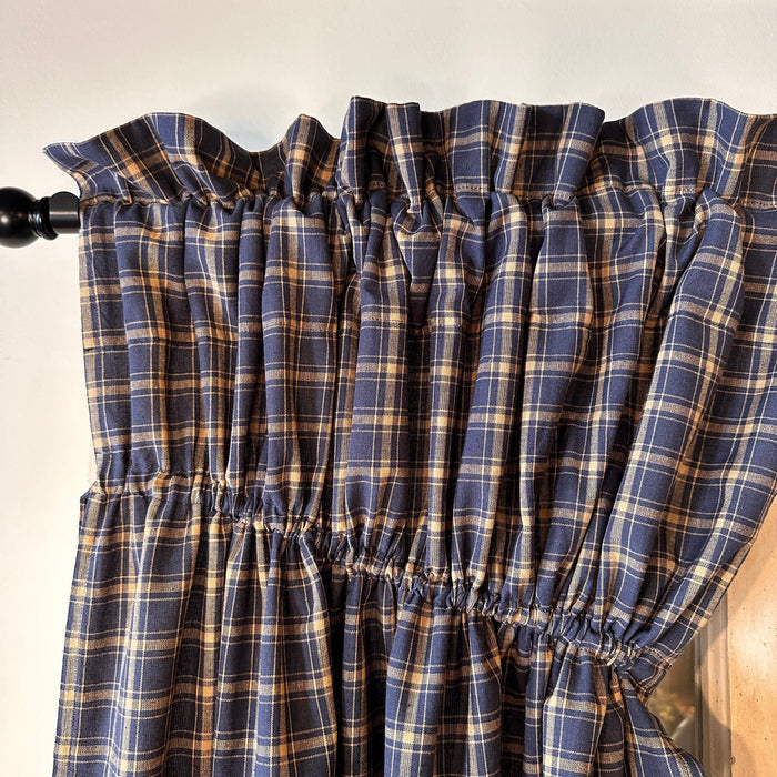 Millsboro Navy Plaid Lined Prairie Curtains 63" - Primitive Star Quilt Shop