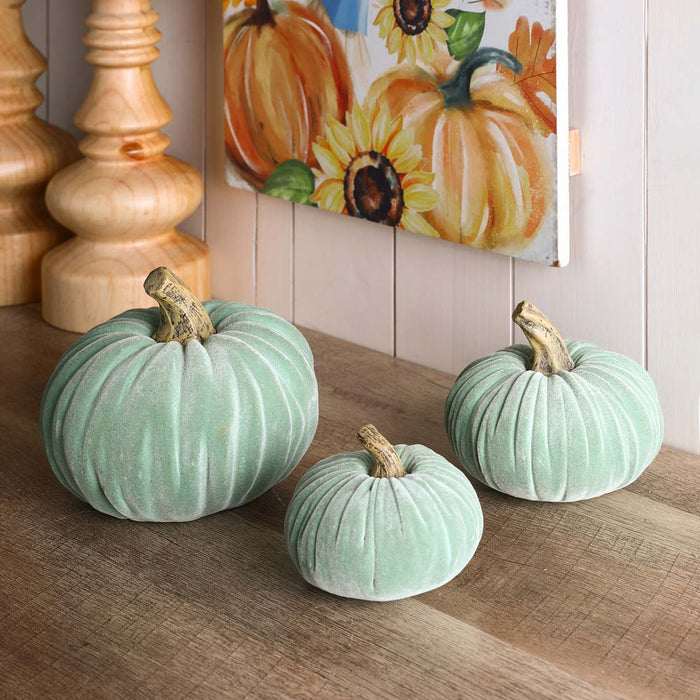 Mint Green Velvet/Resin Pumpkins Decor, Set of 3