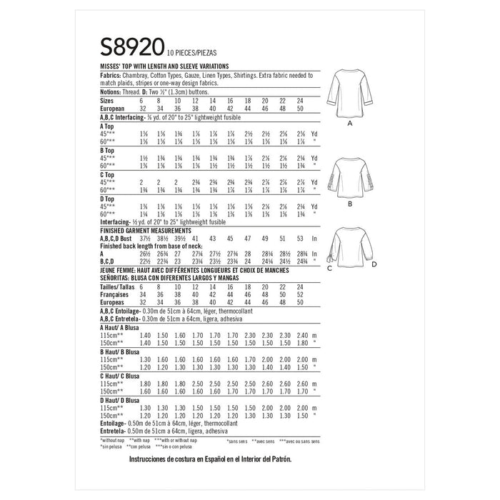 Misses' Tops S8920 Multi-Size Sewing Pattern