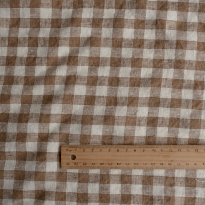 Mocha Gingham 100% Linen Fabric with 1.25cm checks in mocha and off-white – extra wide, European Flax™ certified