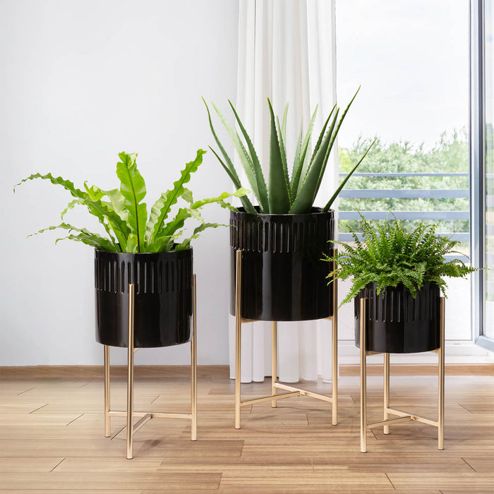 Modern Glossy Black Metal Plant Stands, Set of 3
