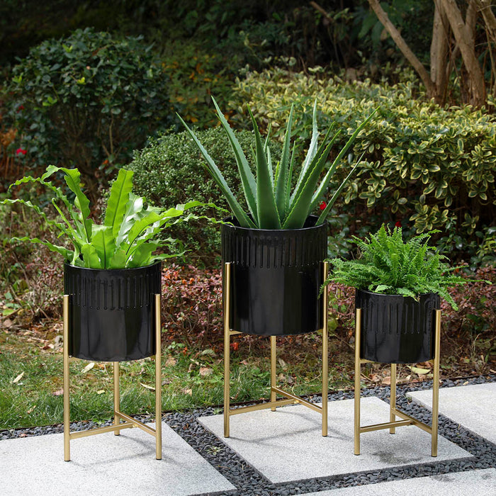 Modern Glossy Black Metal Plant Stands, Set of 3