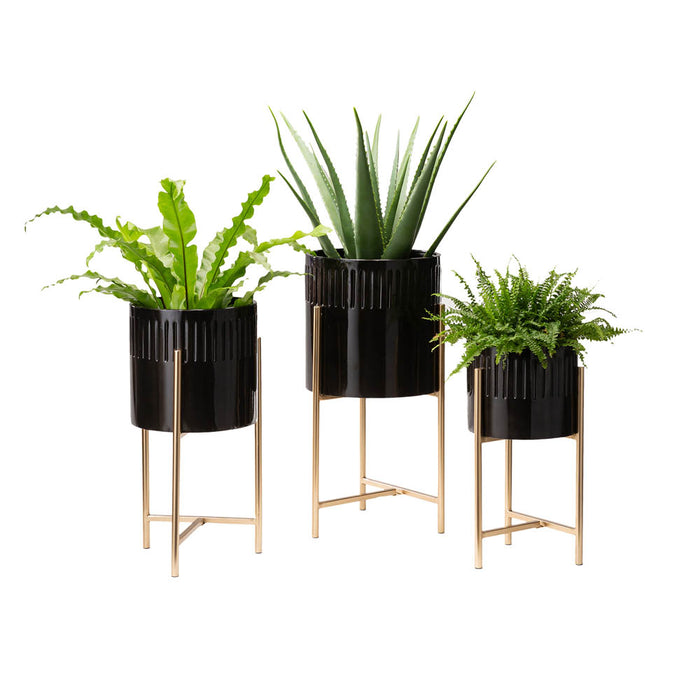 Modern Glossy Black Metal Plant Stands, Set of 3