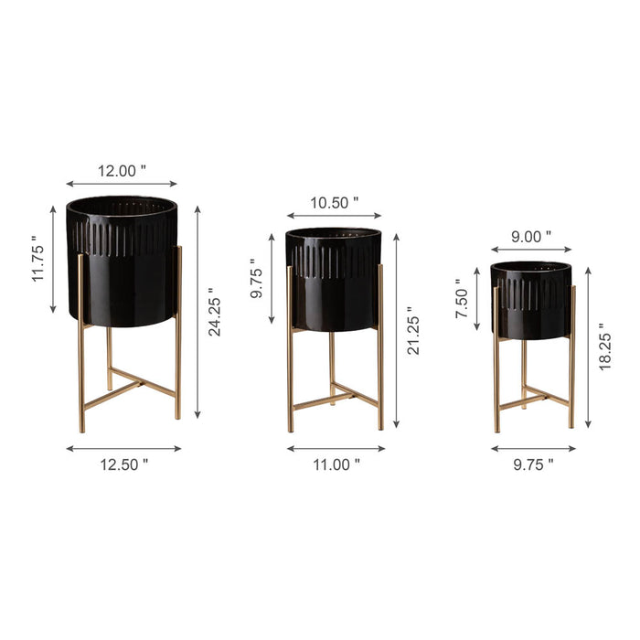 Modern Glossy Black Metal Plant Stands, Set of 3