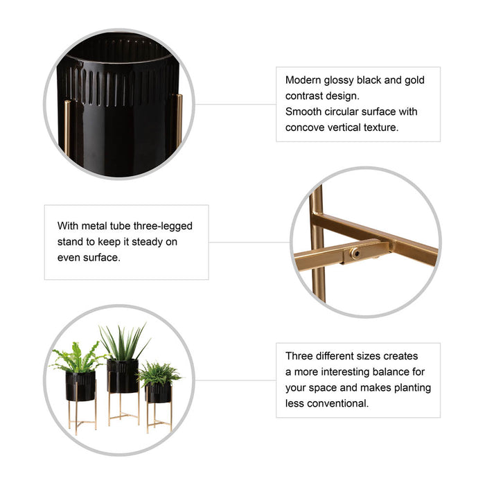 Modern Glossy Black Metal Plant Stands, Set of 3