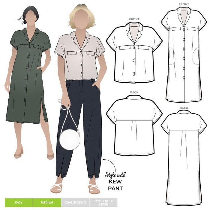 A versatile Monty 2-in-1 sewing pattern for a shirt and dress with a neat revere collar and extended shoulder line, suitable for various fabrics.