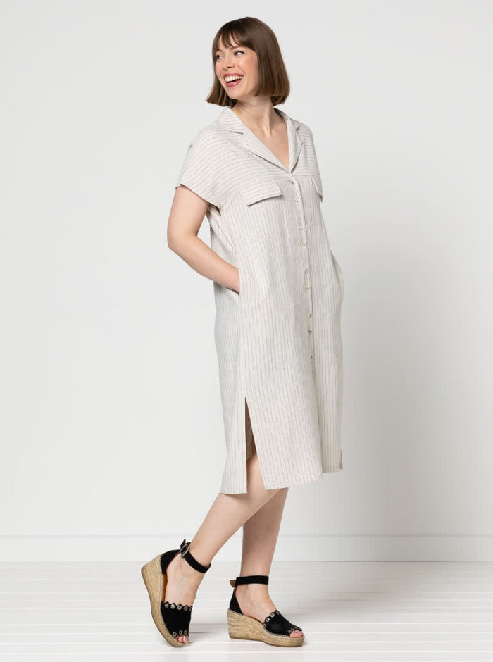 A versatile Monty 2-in-1 sewing pattern for a shirt and dress with a neat revere collar and extended shoulder line, suitable for various fabrics.
